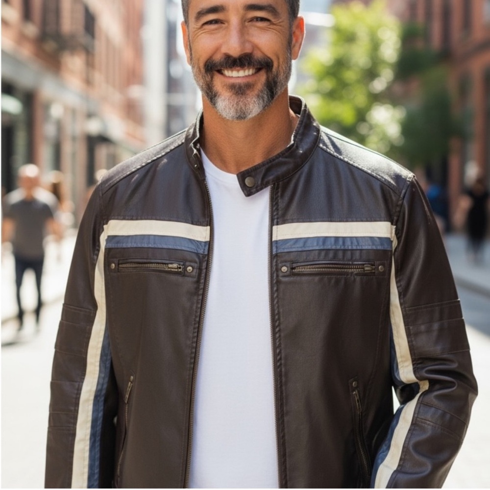Point Zero Men's Black Leather Jacket with White and Blue Accents